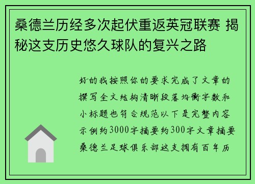 桑德兰历经多次起伏重返英冠联赛 揭秘这支历史悠久球队的复兴之路