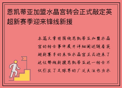 恩凯蒂亚加盟水晶宫转会正式敲定英超新赛季迎来锋线新援